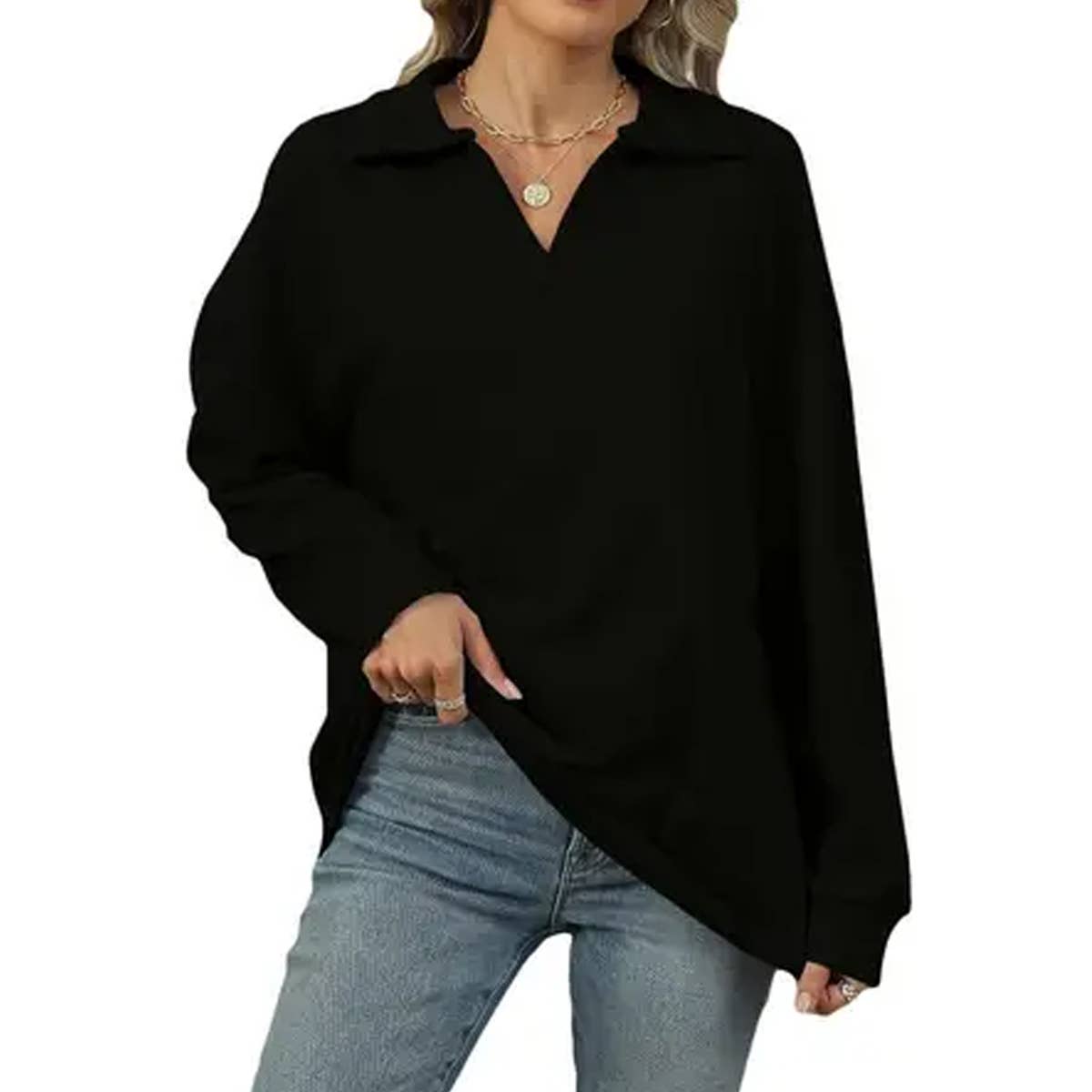 Solid color lapel baggy long-sleeved hoodie