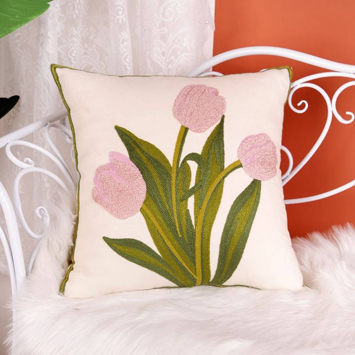 Tulip Embroidered Cute Pillow Cover for Bed & Sofa