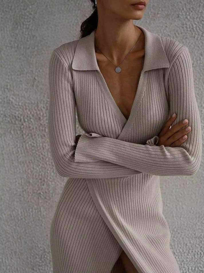 LACE-UP ONE-PIECE LONG-SLEEVED POLO NECK DRESS