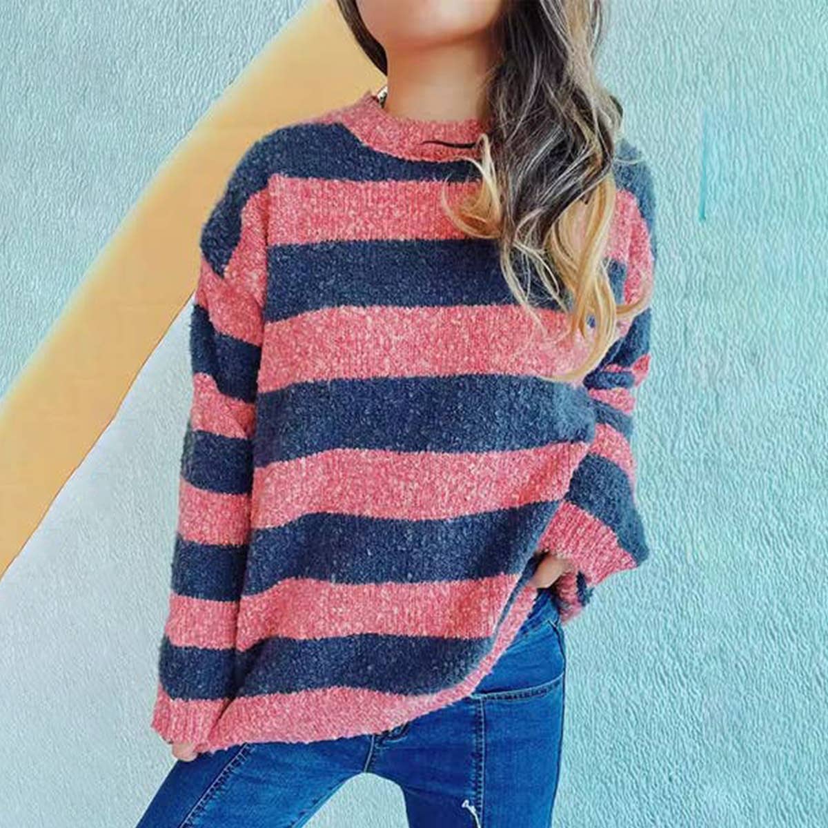 Knitted striped color patchwork pullover sweater