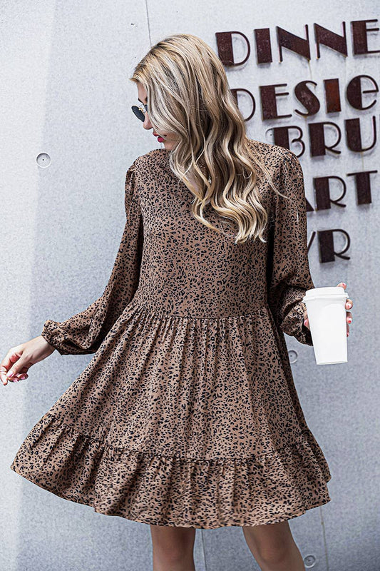 V-NECK LEOPARD PRINT RUFFLED LONG-SLEEVED DRESS