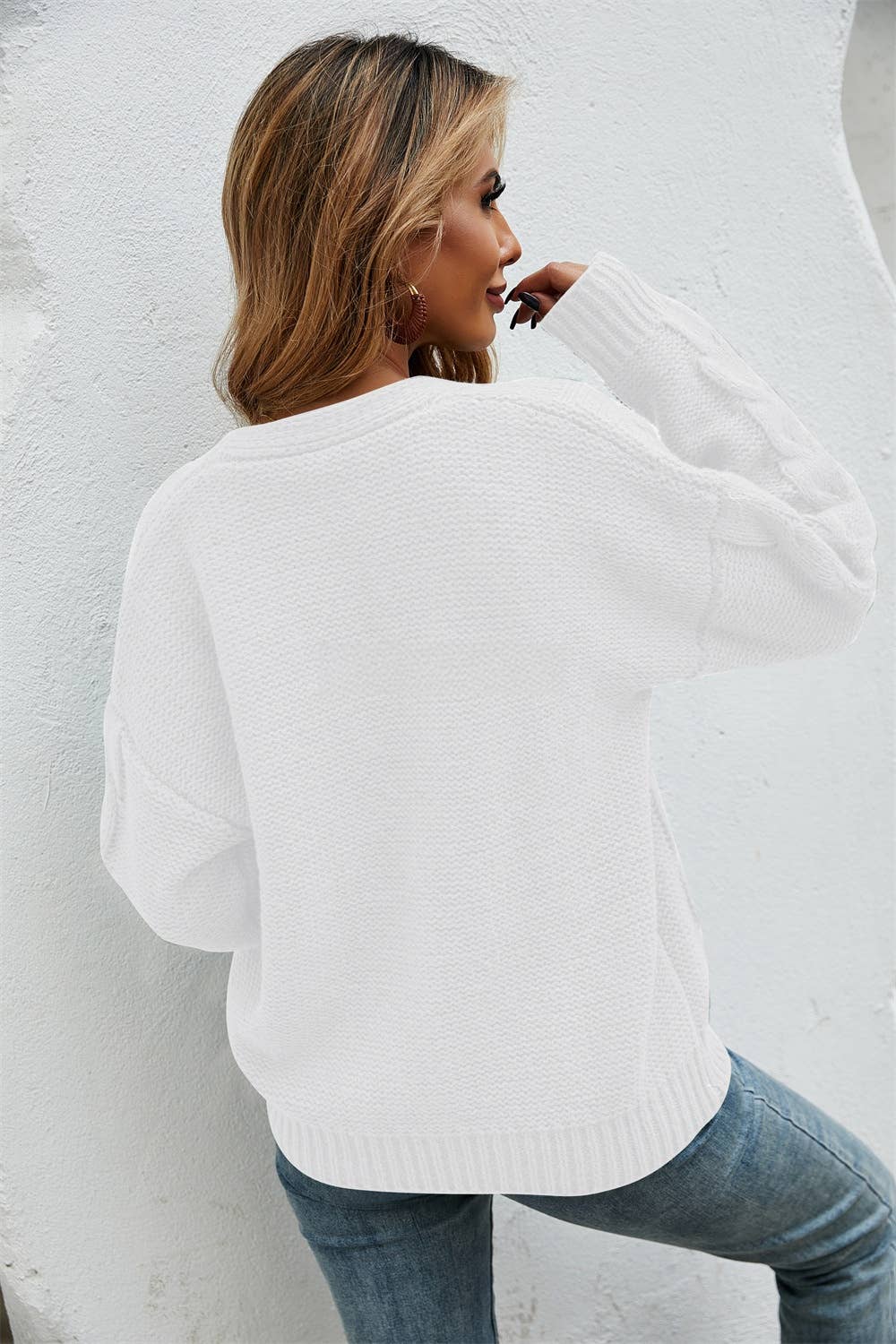 CWOSWL1054_Button Down Sleeve  V-Neck Cardigan Sweater