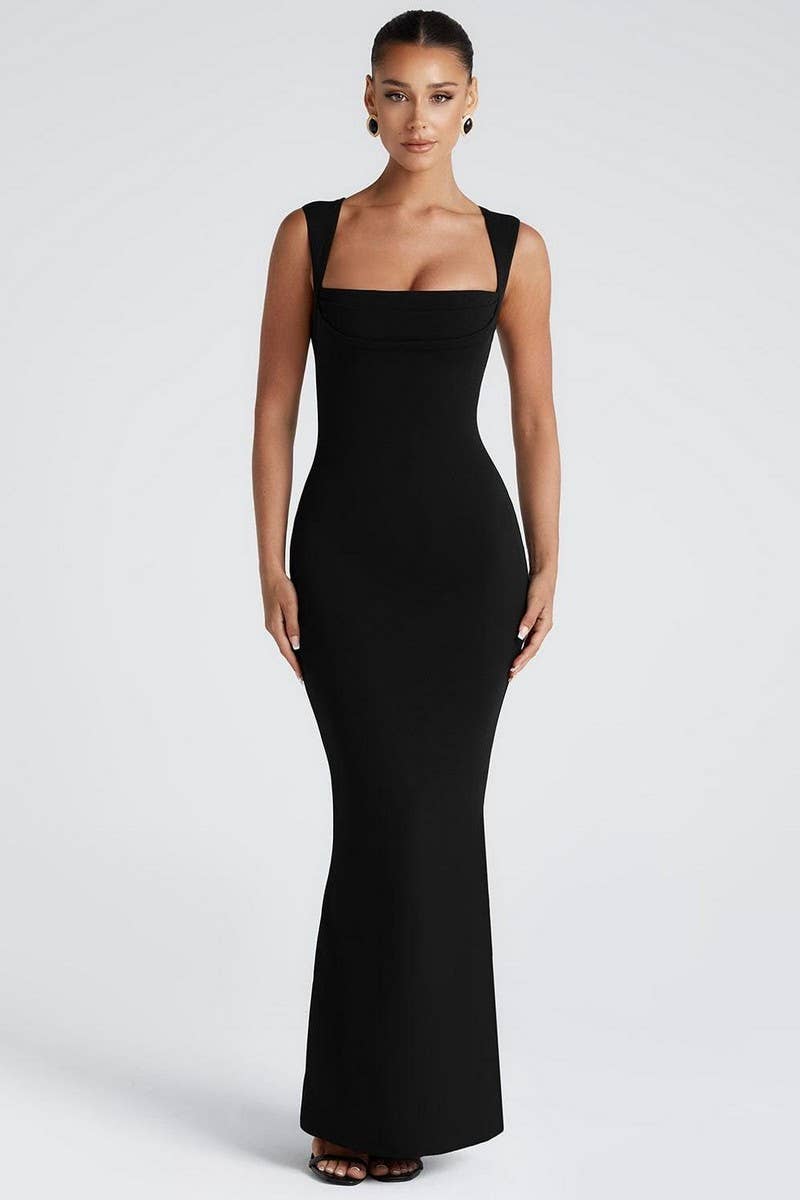 CWDMD5608_SQUARE NECK WAIST SLIMMING SOLID LONG DRESS