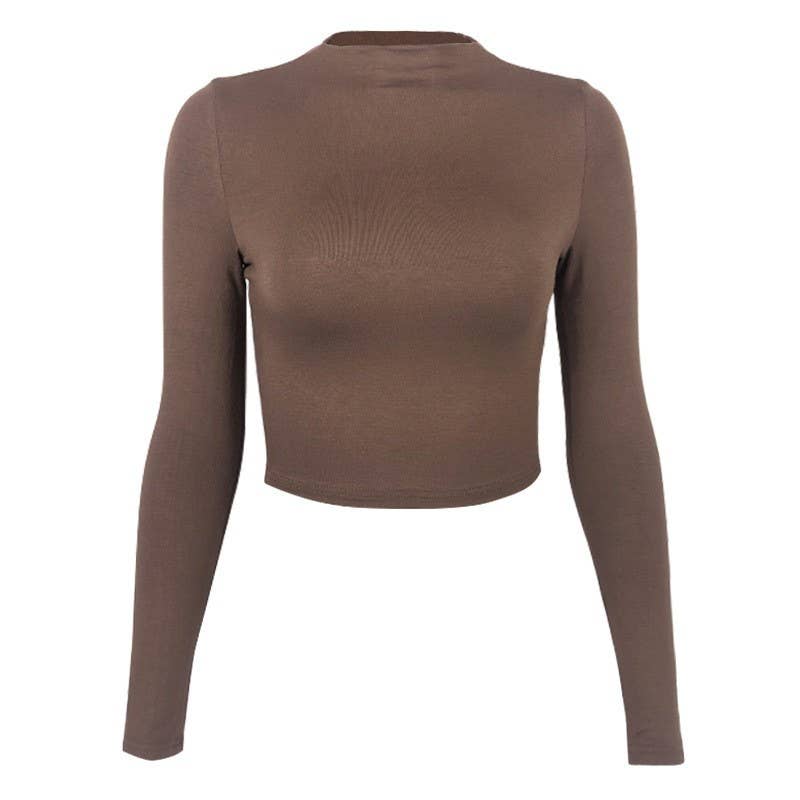 SLIM MIDRIFF HIGH-NECK SHORT LONG-SLEEVED TOP