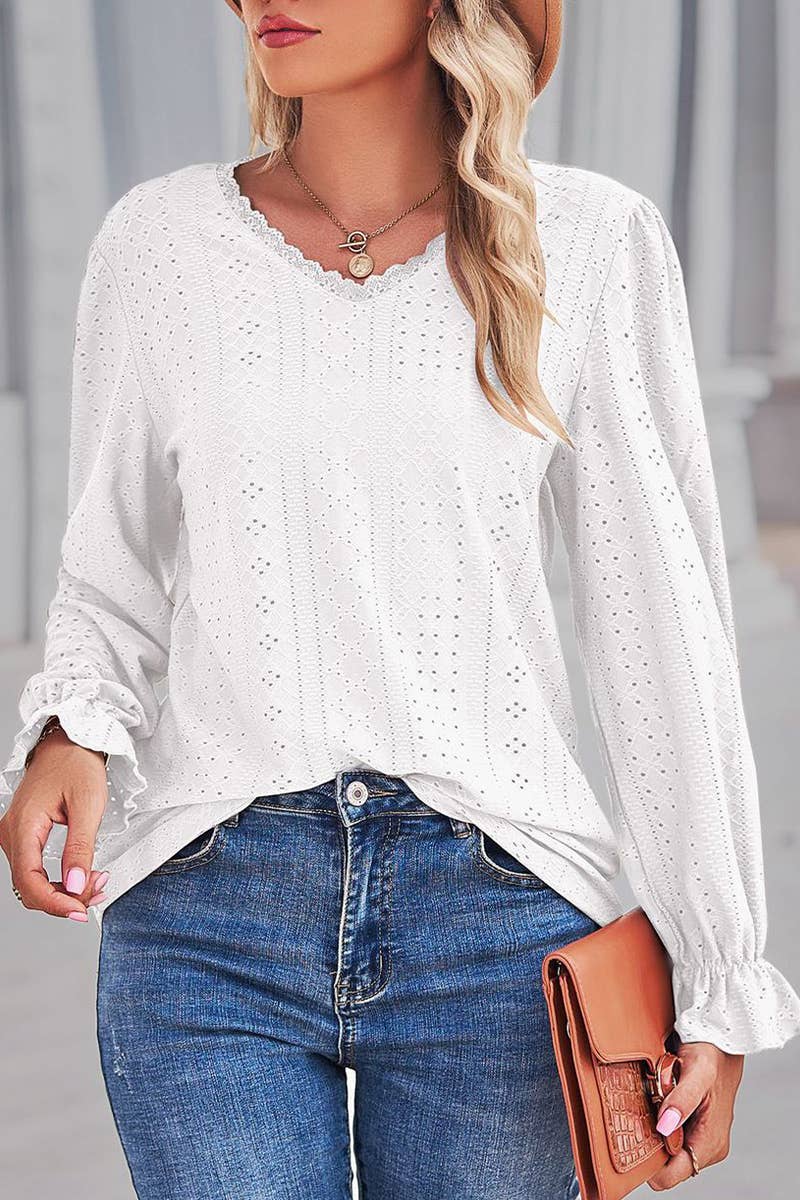 WOMEN LACE TRIM NECK EYELET LONG SLEEVE SHIRT TOP_CWTSTL0301