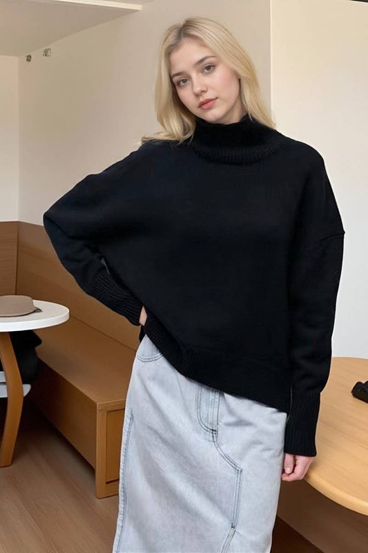 CWOSWL07646_SOLID COLOR LOOSE TURTLENECK KNITTED SWEATER