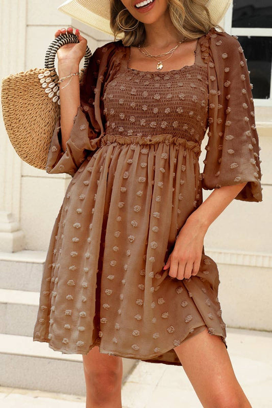 CWDSD6412_SQUARE COLLAR WITH DOTTED MID-SLEEVE DRESS