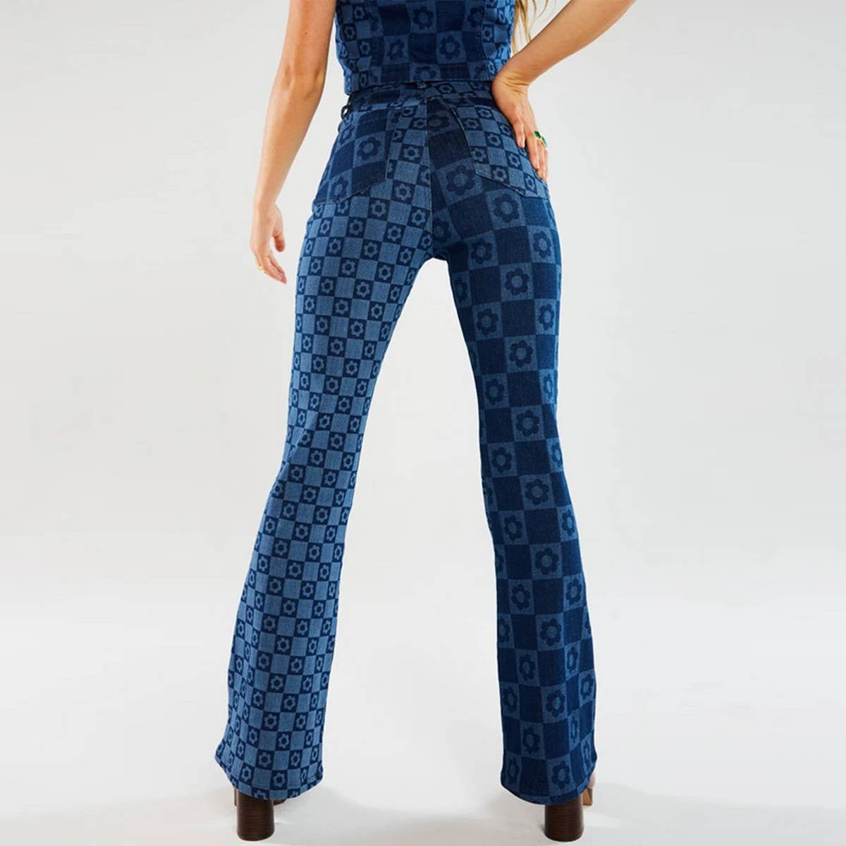 DARK PRINTED HIGH WAISTED WIDE LEG FLARED JEANS