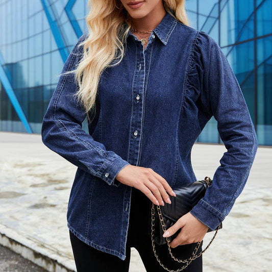 Washed shoulder-shrugging denim long sleeve shirt