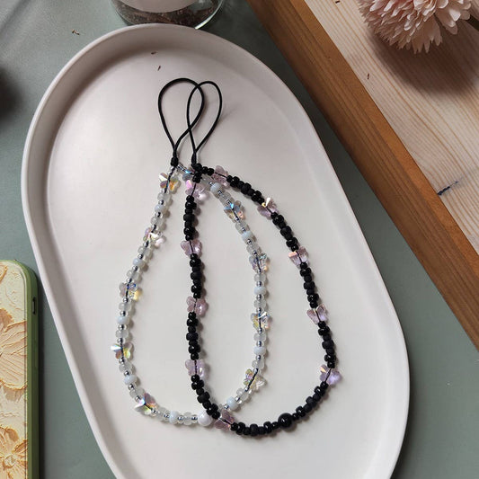 CWMM8729_CRYSTAL BUTTERFLY BLACK ROSE BEADED PHONE CHAIN