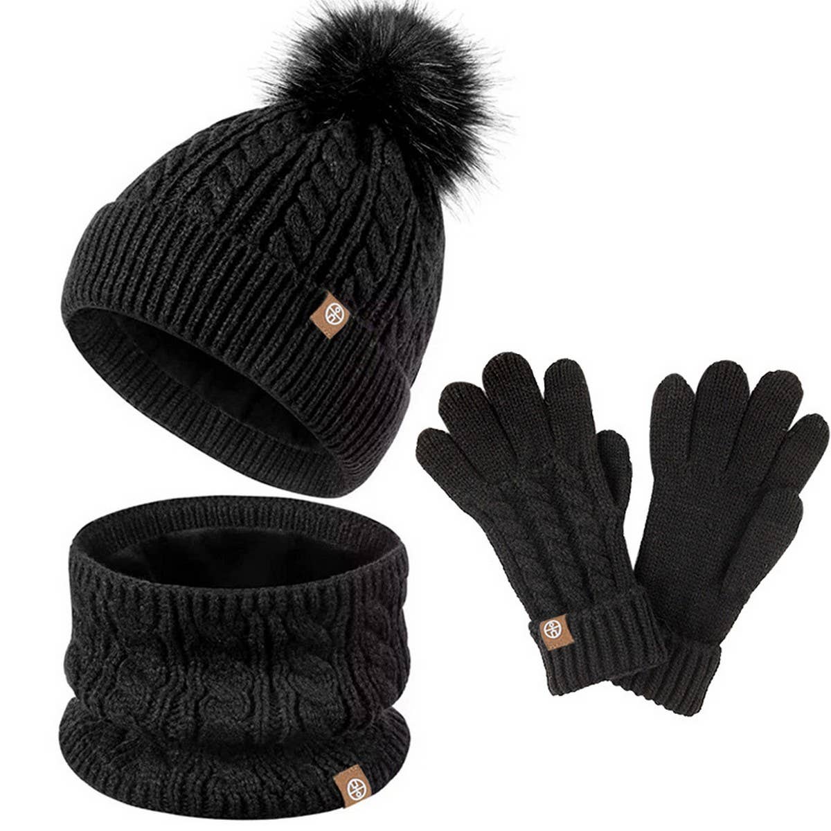 THREE-PIECE SET OF POM-POM HAT, SCARF AND GLOVES
