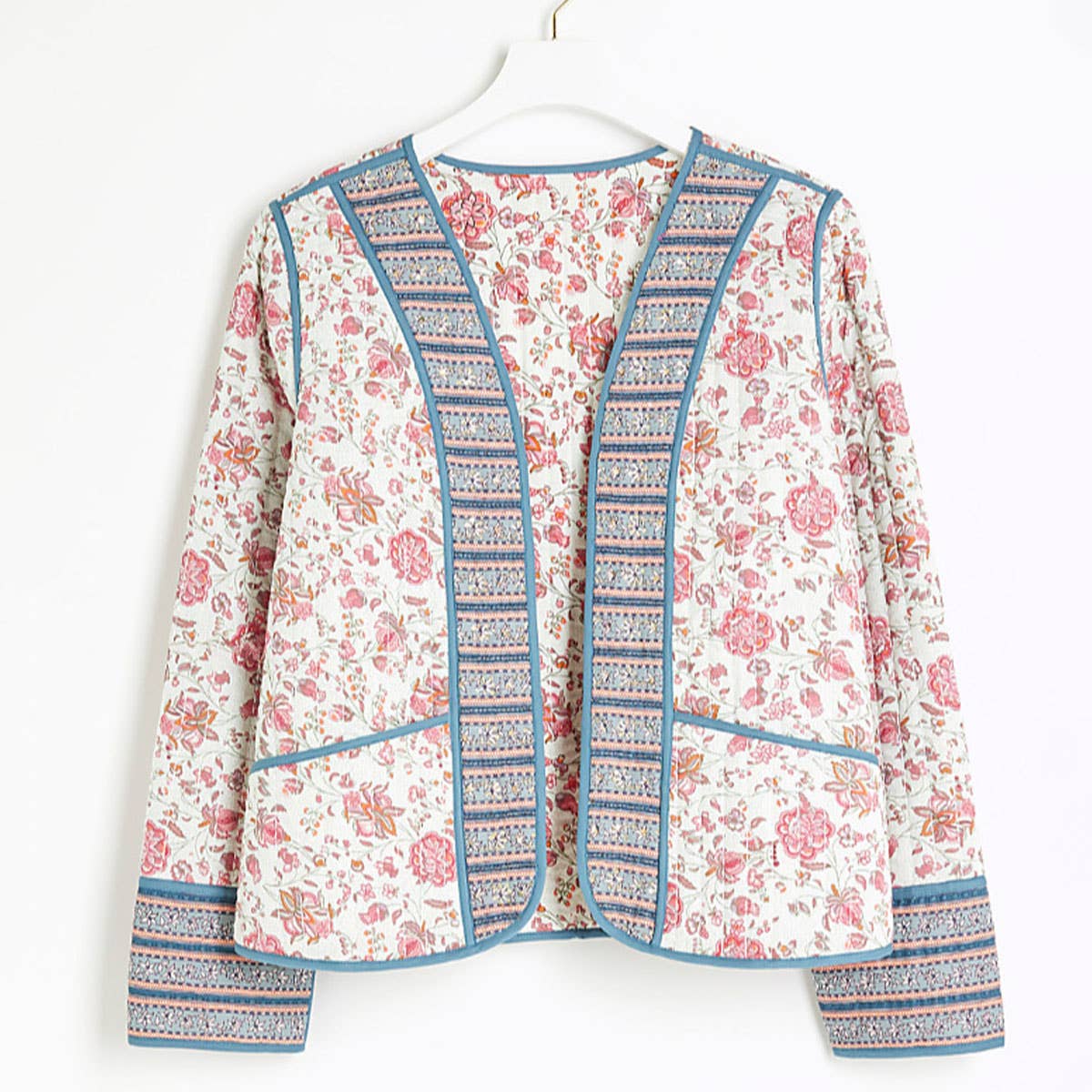V-NECK CARDIGAN COLORBLOCK PRINT QUILTED JACKET
