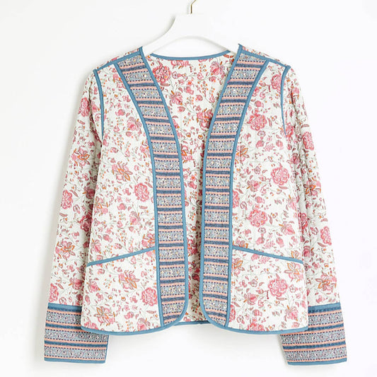 V-NECK CARDIGAN COLORBLOCK PRINT QUILTED JACKET
