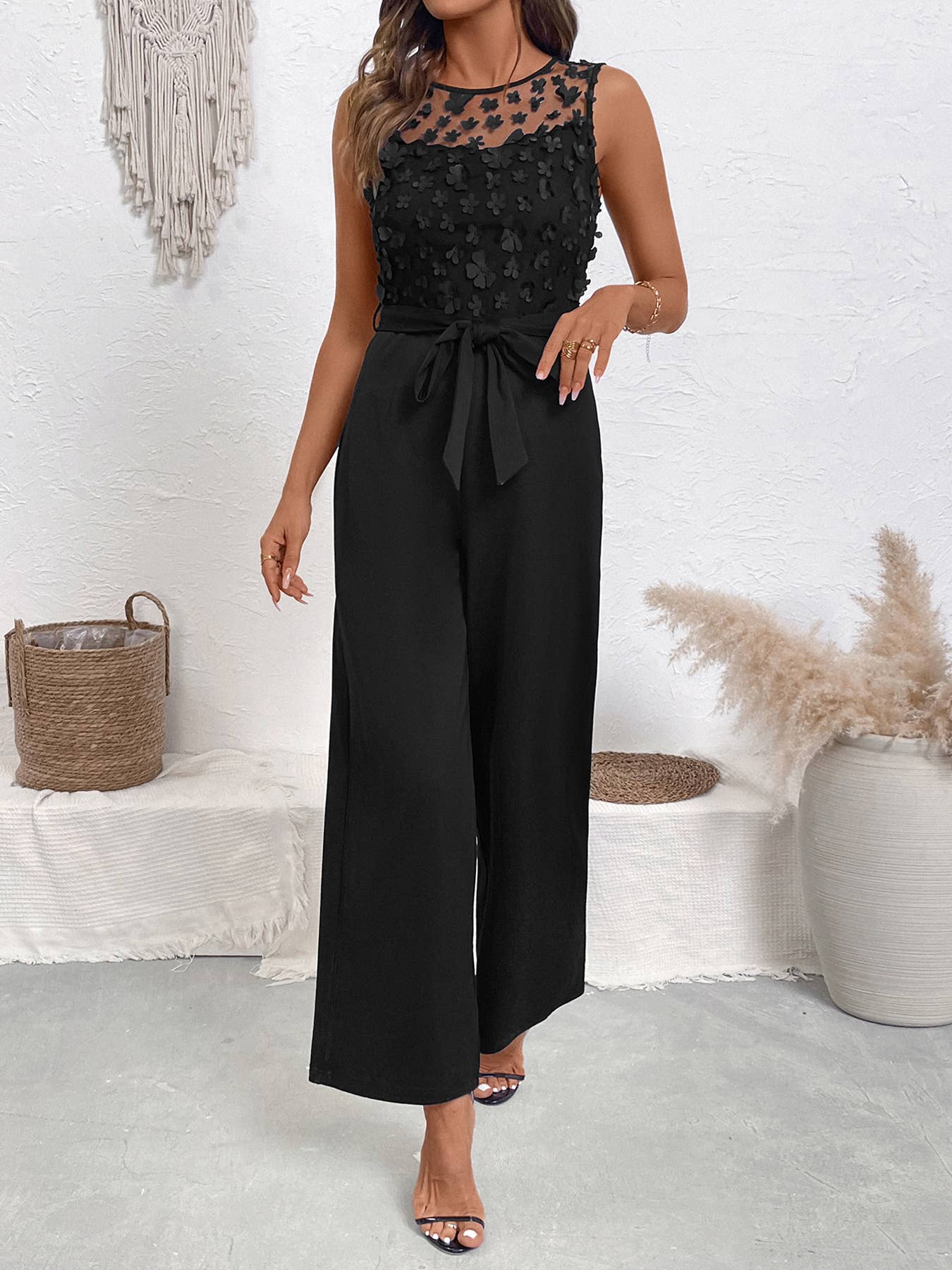 Lace stitching high waist straight tube jumpsuit