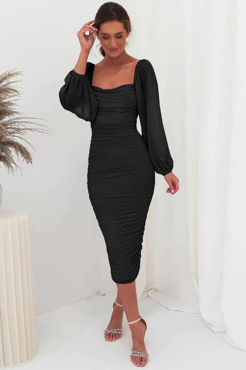 CWDMD6160_SQUARE NECK LACE STITCHING SLIT DRESS