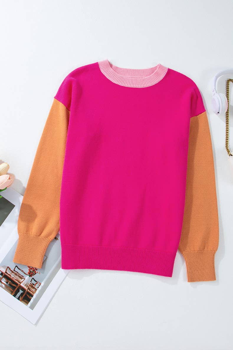 FASHION CONTRAST COLOR PATCHWORK CREWNECK SWEATER