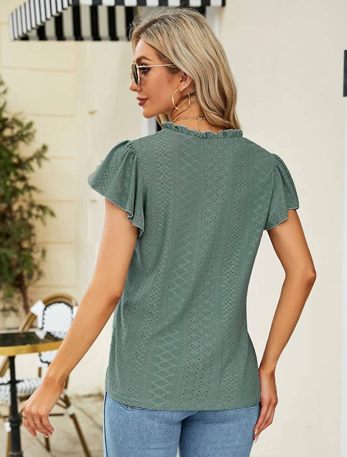 JACQUARD V-NECK STACK SLEEVE T-SHIRT TOP
