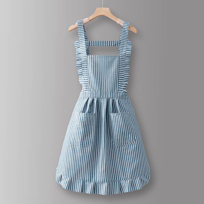 Cotton Striped Grid Kitchen Apron with Pocket
