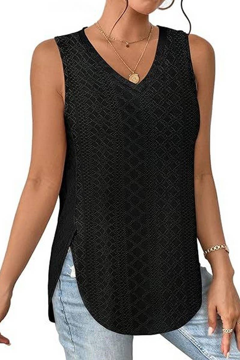 V NECK SLEEVELESS SLIT SOLID COLOR CASUAL SHIRT_CWTSTSL0069