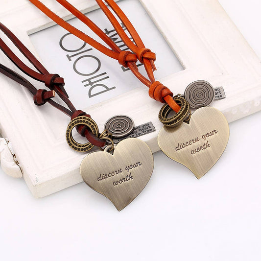 NEW RETRO HEART LONG LEATHER NECKLACE