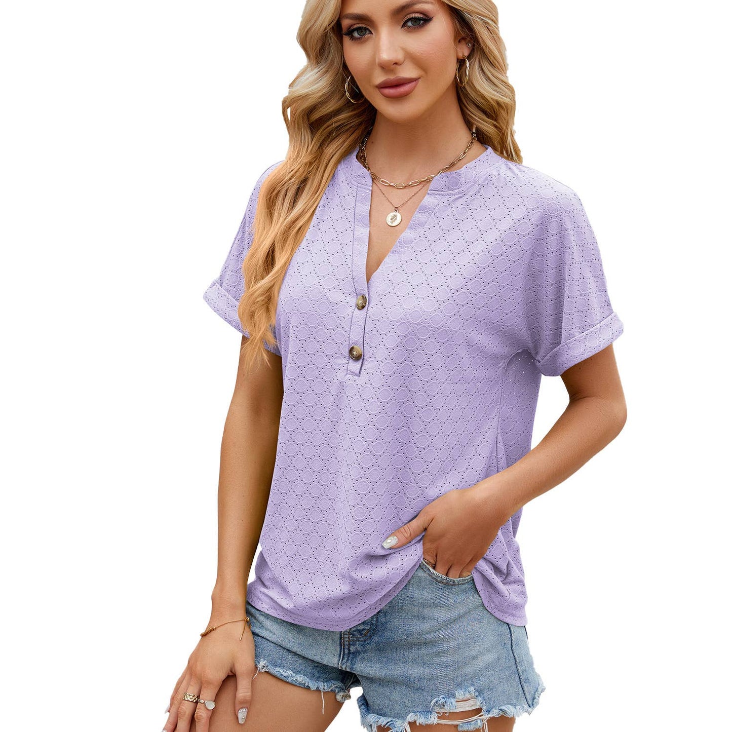 Solid color V-neck loose short-sleeved T-shirt