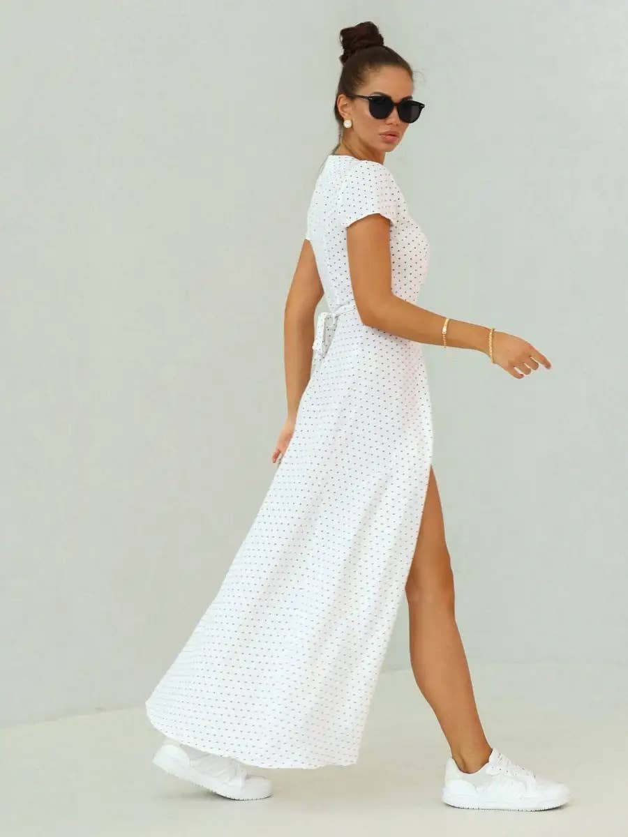 V-neck lace-up slim polka dot casual long dress