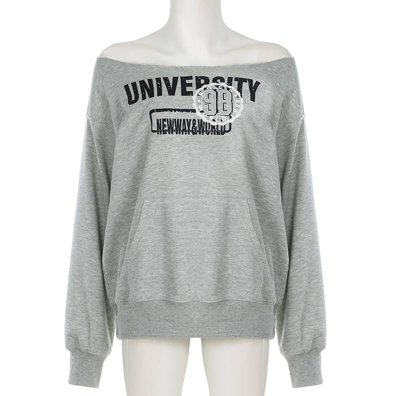 LETTER-PRINTED ROUND NECK LOOSE PULLOVER TOP