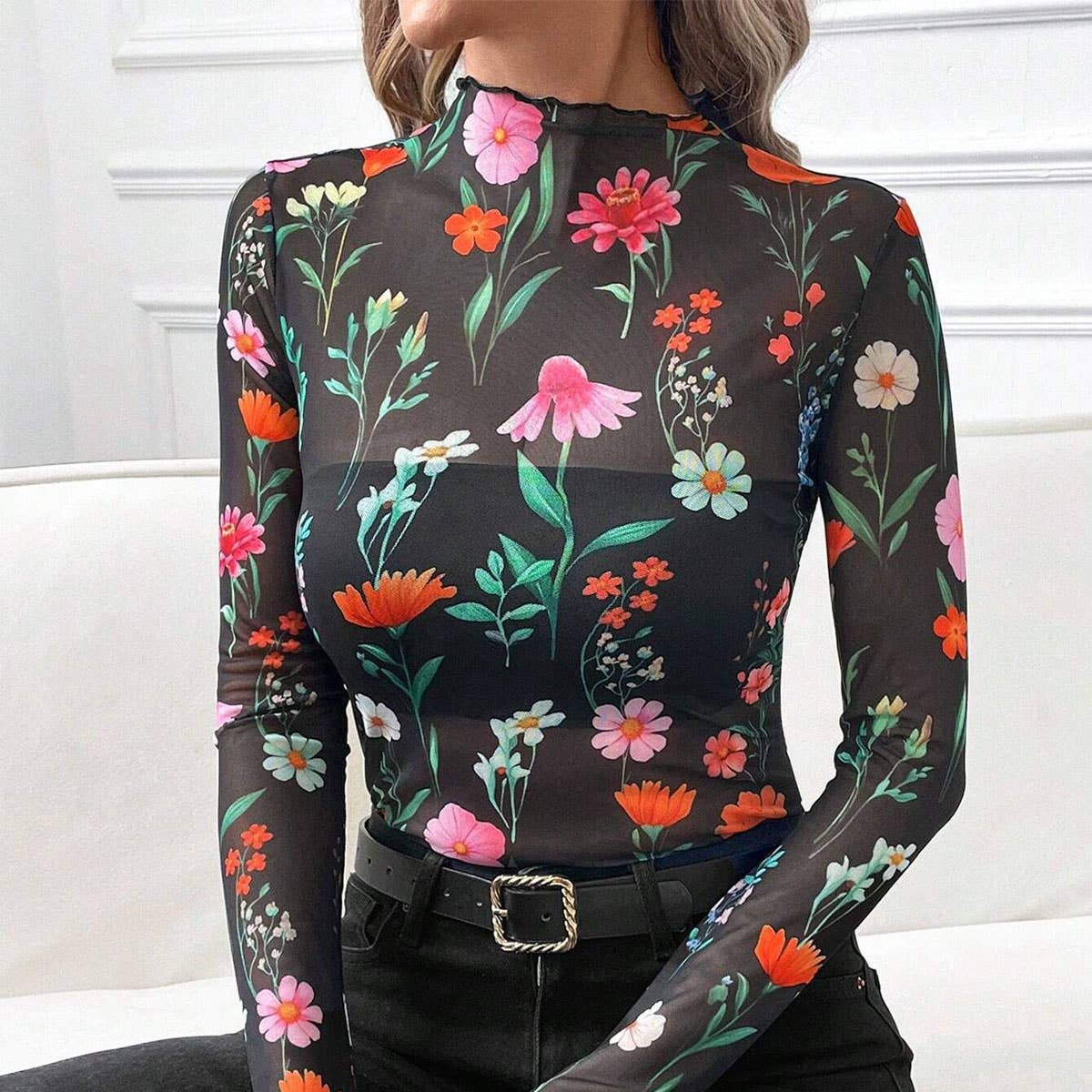 SEXY LEOPARD PRINT MESH FITTED T-SHIRT