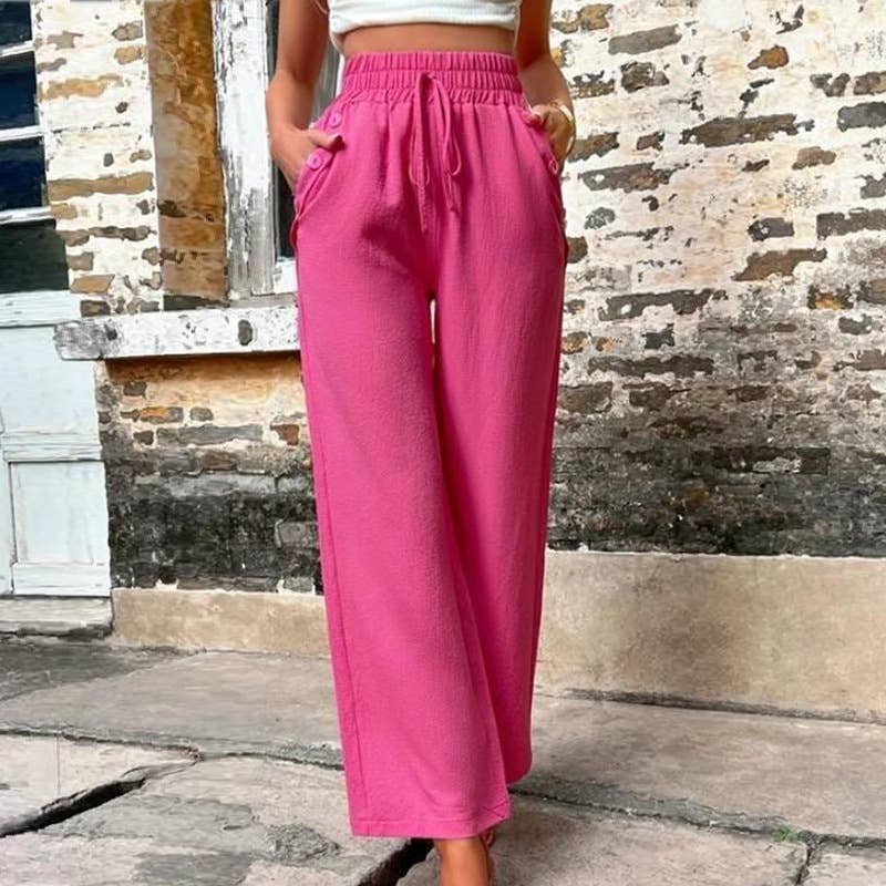 High Waist Elastic Straight Pants with Pockets