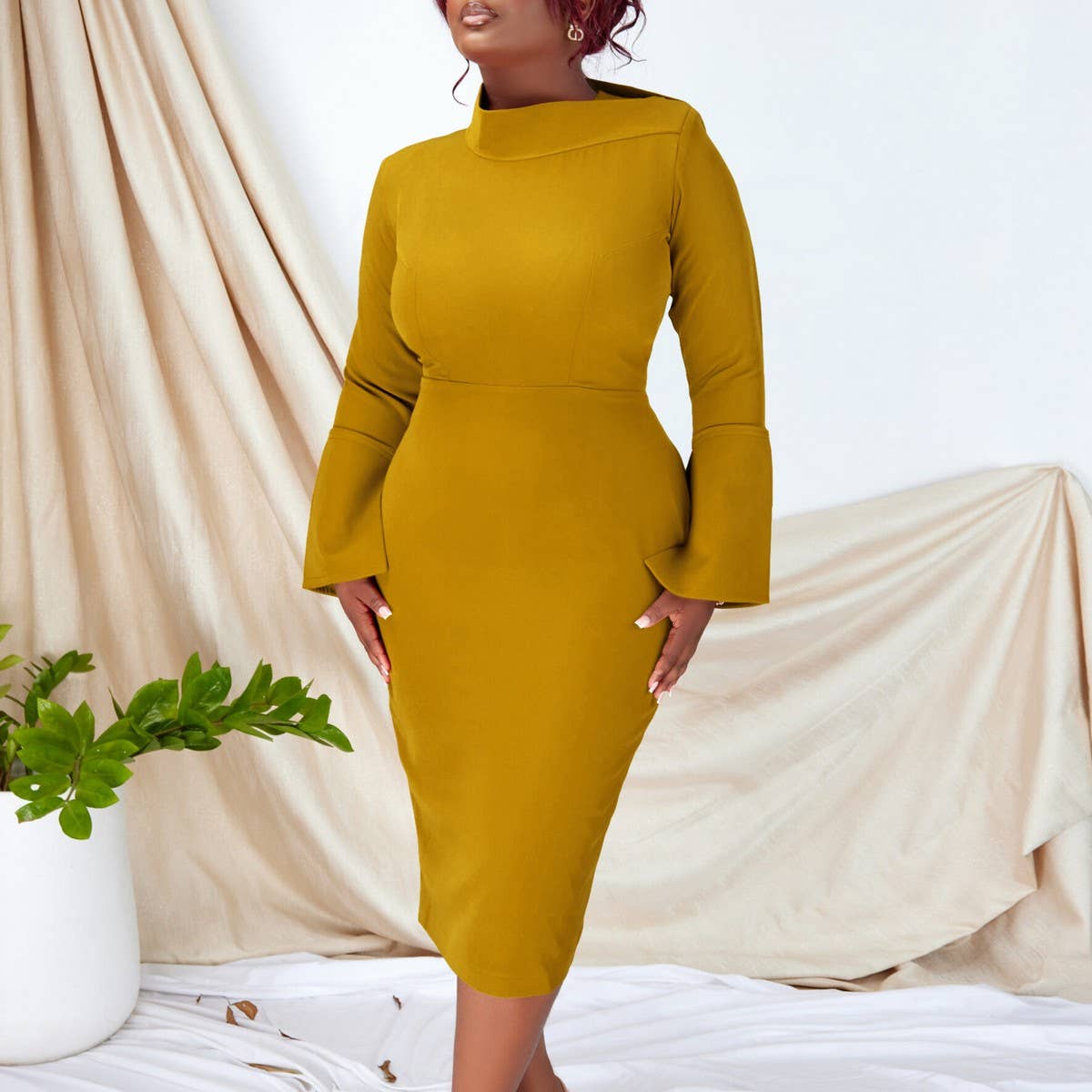 FASHION LONG SLEEVE OBLIQUE NECKSTRETCH KNIT DRESS_CWDMD3675