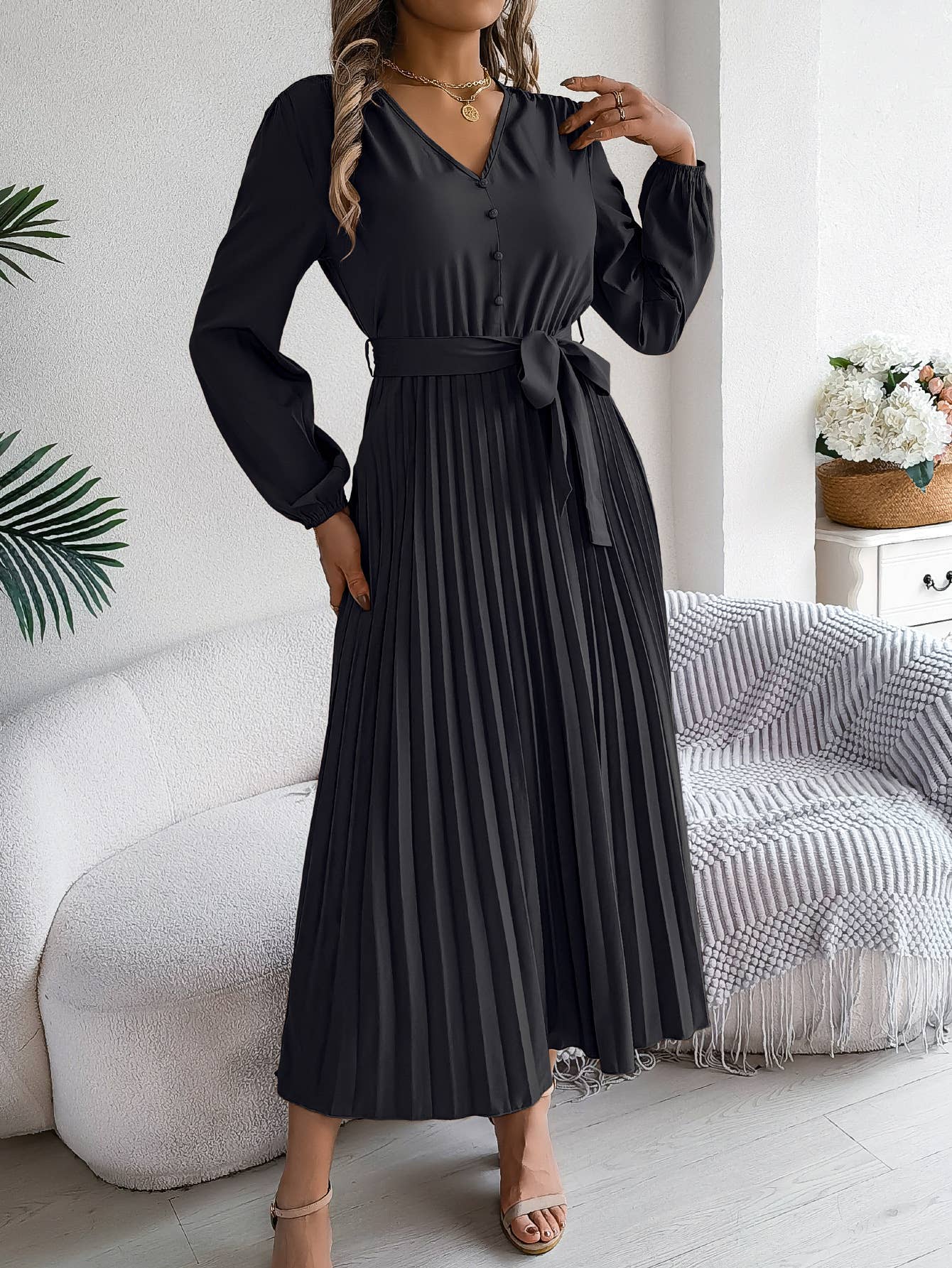 V-NECK BUTTON-UP LONG PLEATED DRESS