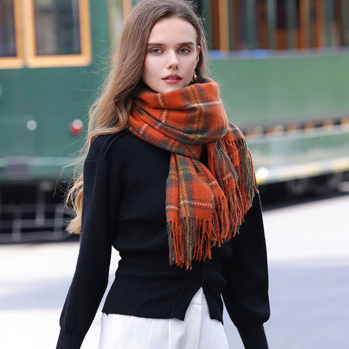 Plaid Winter Scarf for Women ??Soft Tassel Shawl_CWASC0224