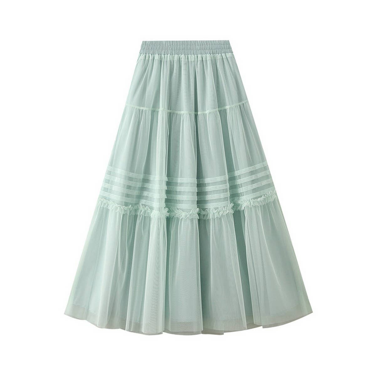 Vintage Pleated Lace Trim Tulle Maxi Skirt