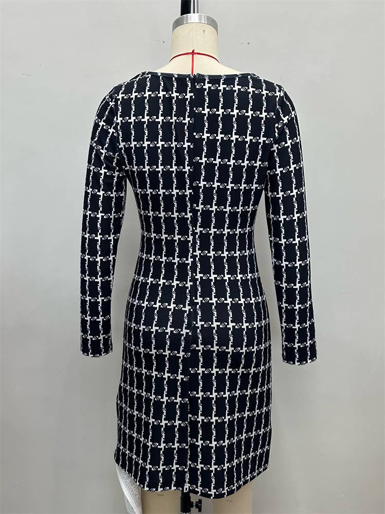 Elegant commuter square collar plaid print dress