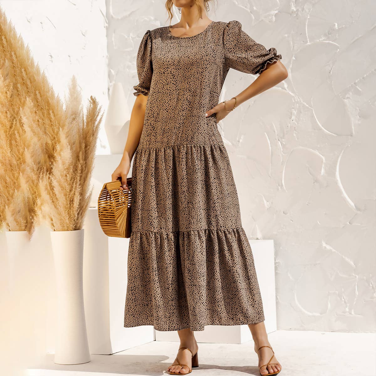 Puffed sleeve polka dot plaid patchwork dress