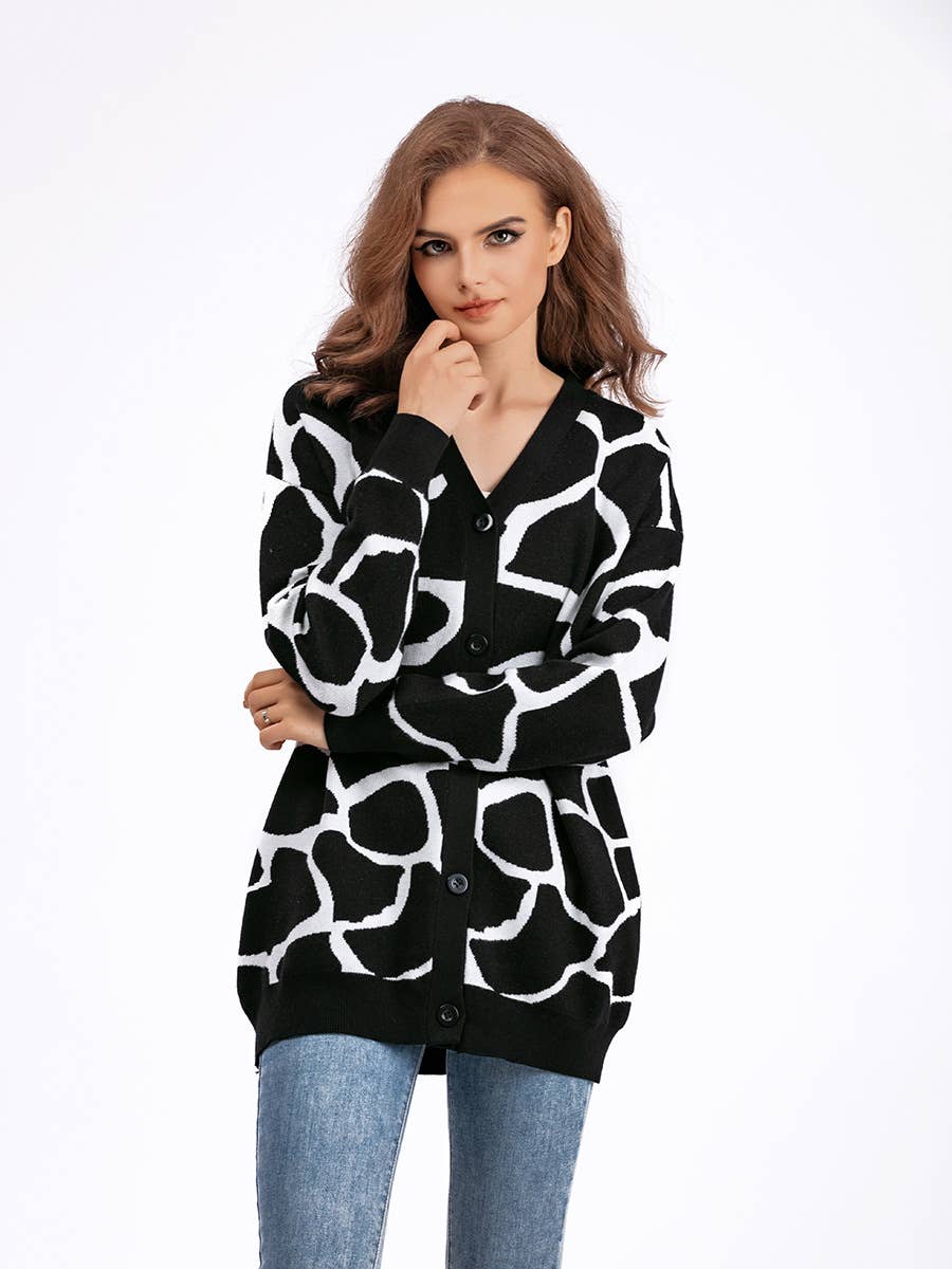 AUTUMN/WINTER JACQUARD KNIT V-NECK LONG COAT