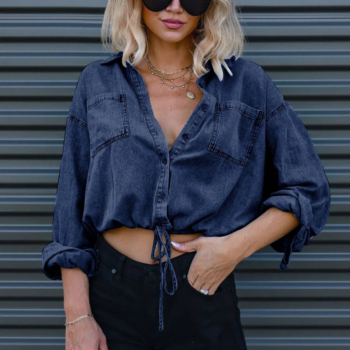 LONG SLEEVE DENIM SHIRT WITH POCKETS LOOSE TOP