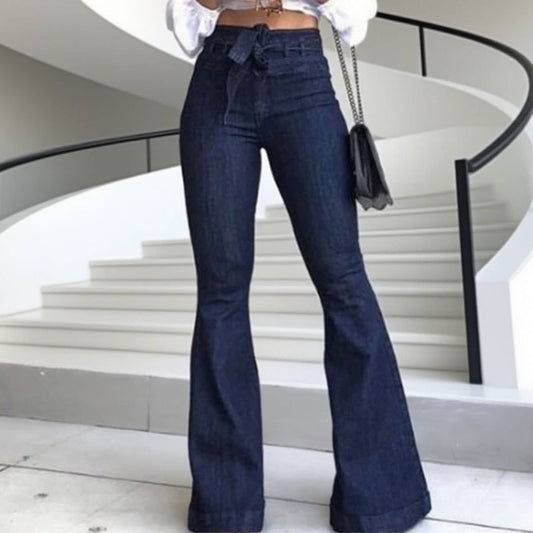 High-waisted elastic lace-up flared jeans