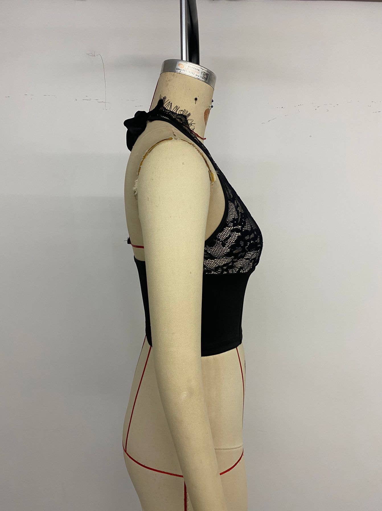 Sexy, form-fitting deep V-neck lace halter top