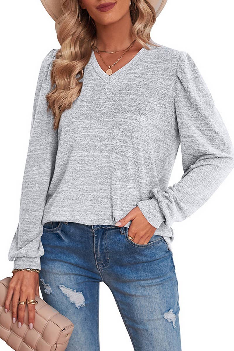 WOMEN PUFF SLEEVE V NECK BLOUSE_CWTBLL0576