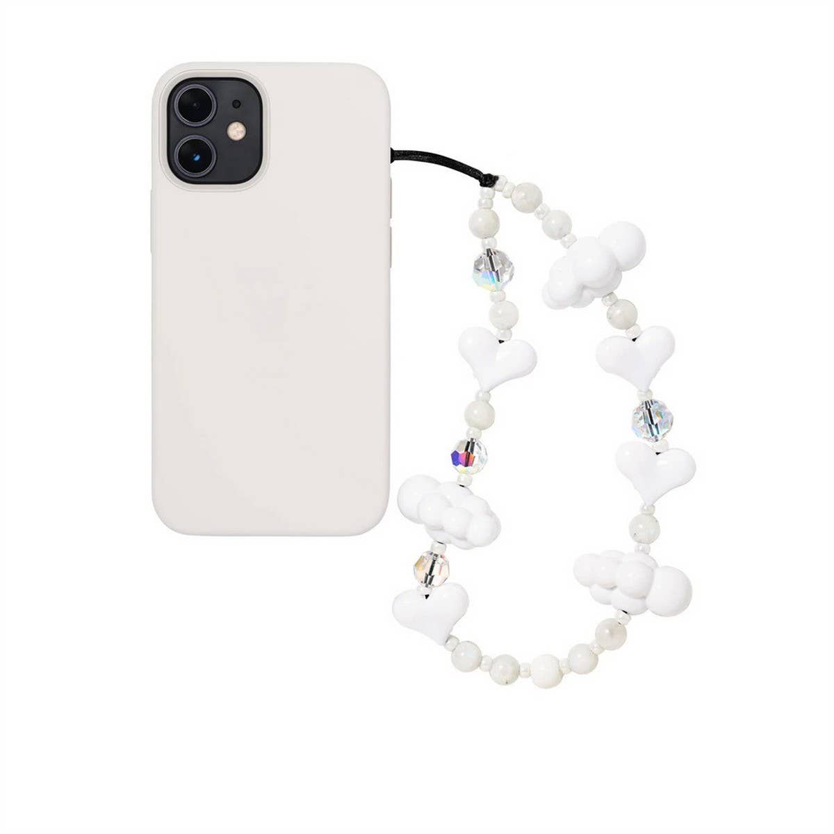 CWMM8725_WHITE CLOUD HEART BEADED MOBILE PHONE CHAIN