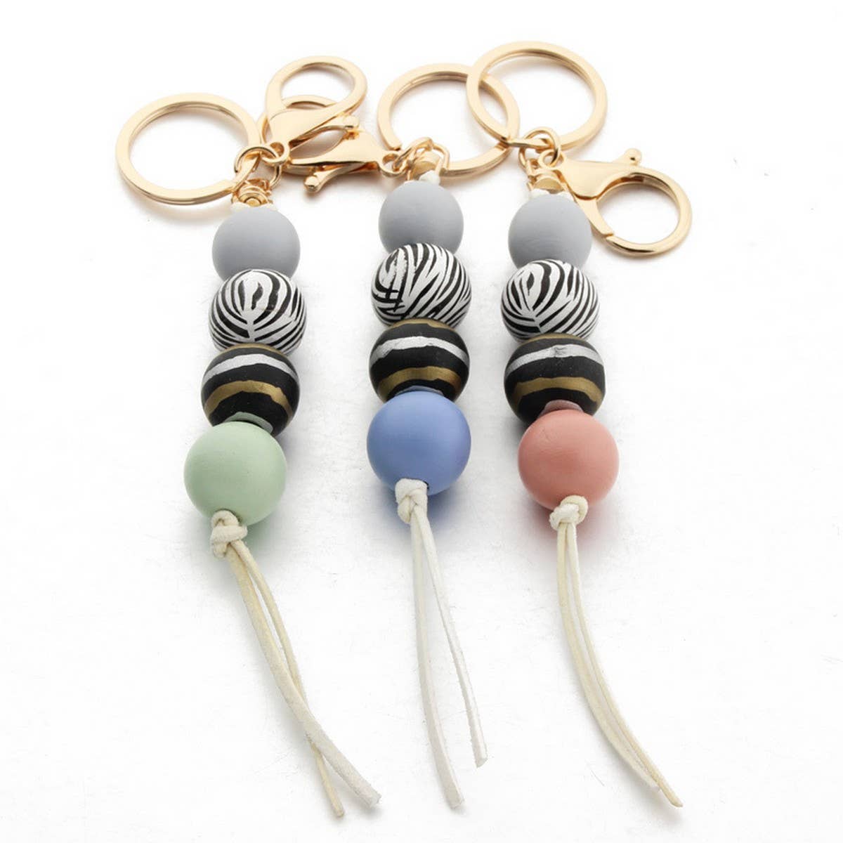 Leopard Wood Bead Keychain with Mini Tassel