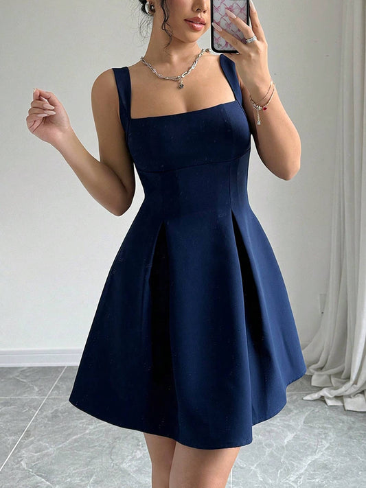 Waist-cinching short square-neck halter dress