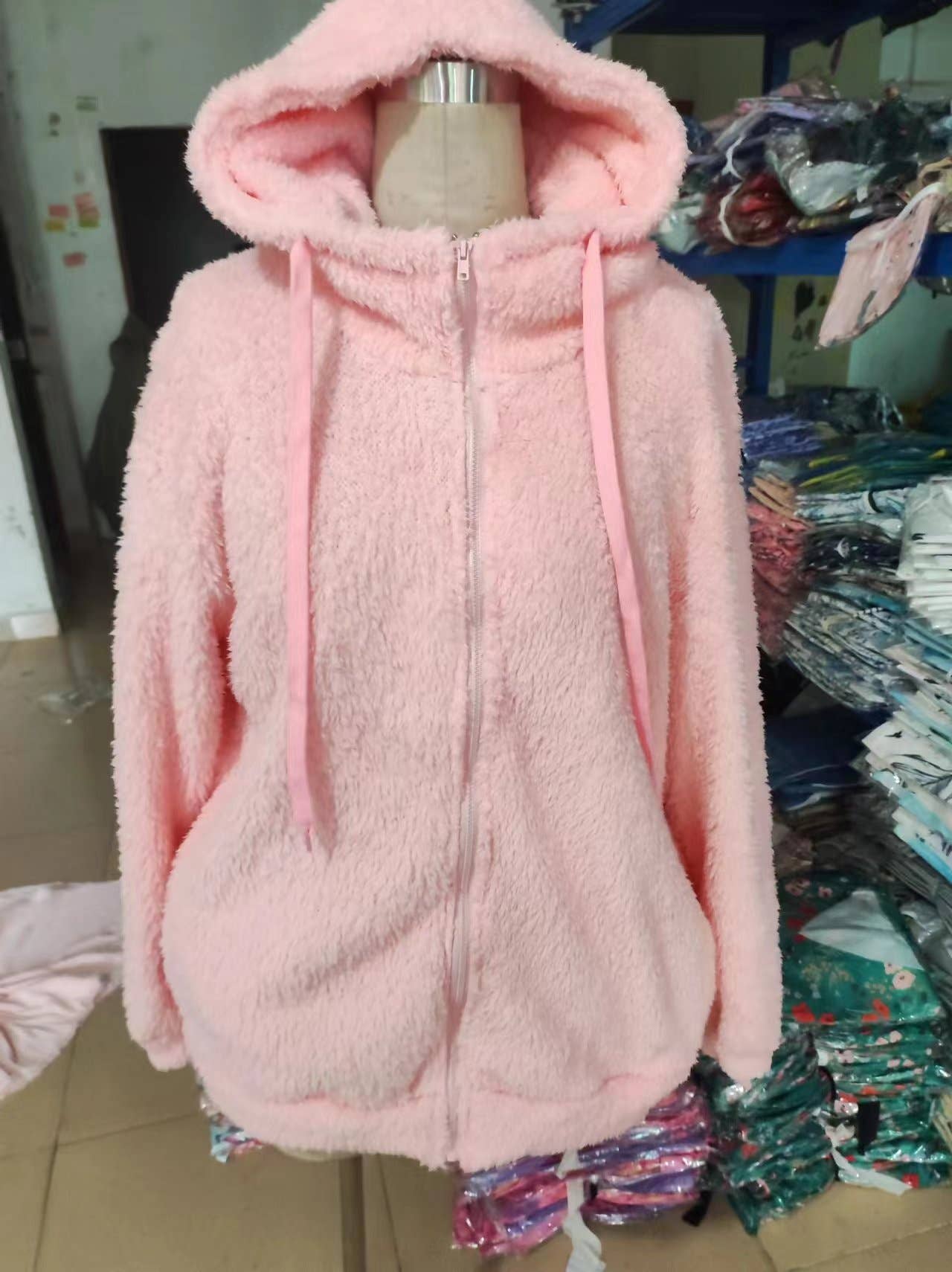 SOLID COLOR CASUAL PLUSH ZIPPER HOODED COAT