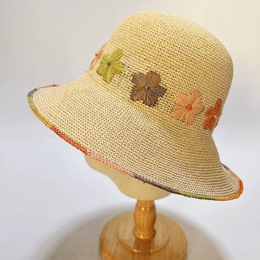 Foldable Handmade Crochet Embroidered Straw Hat_CWAH3589