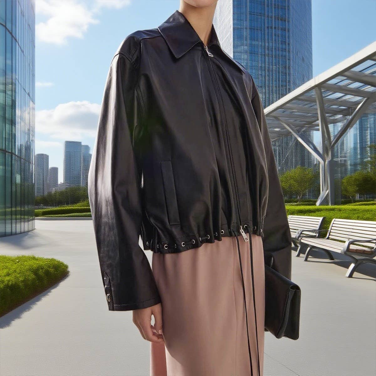 Lapel lustrous leather hem drawstring coat