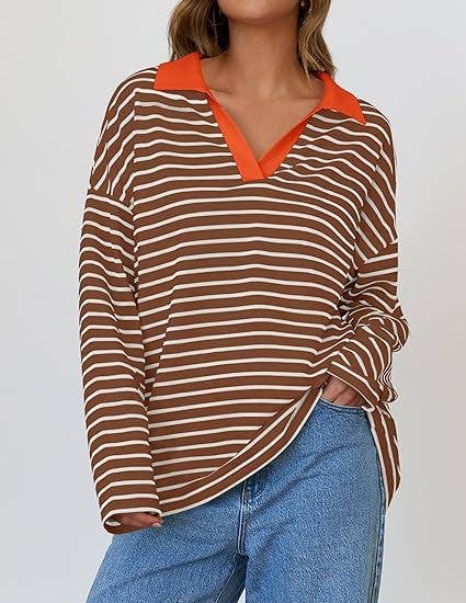 STRIPED V-NECK LOOSE LONG-SLEEVED HOODIE