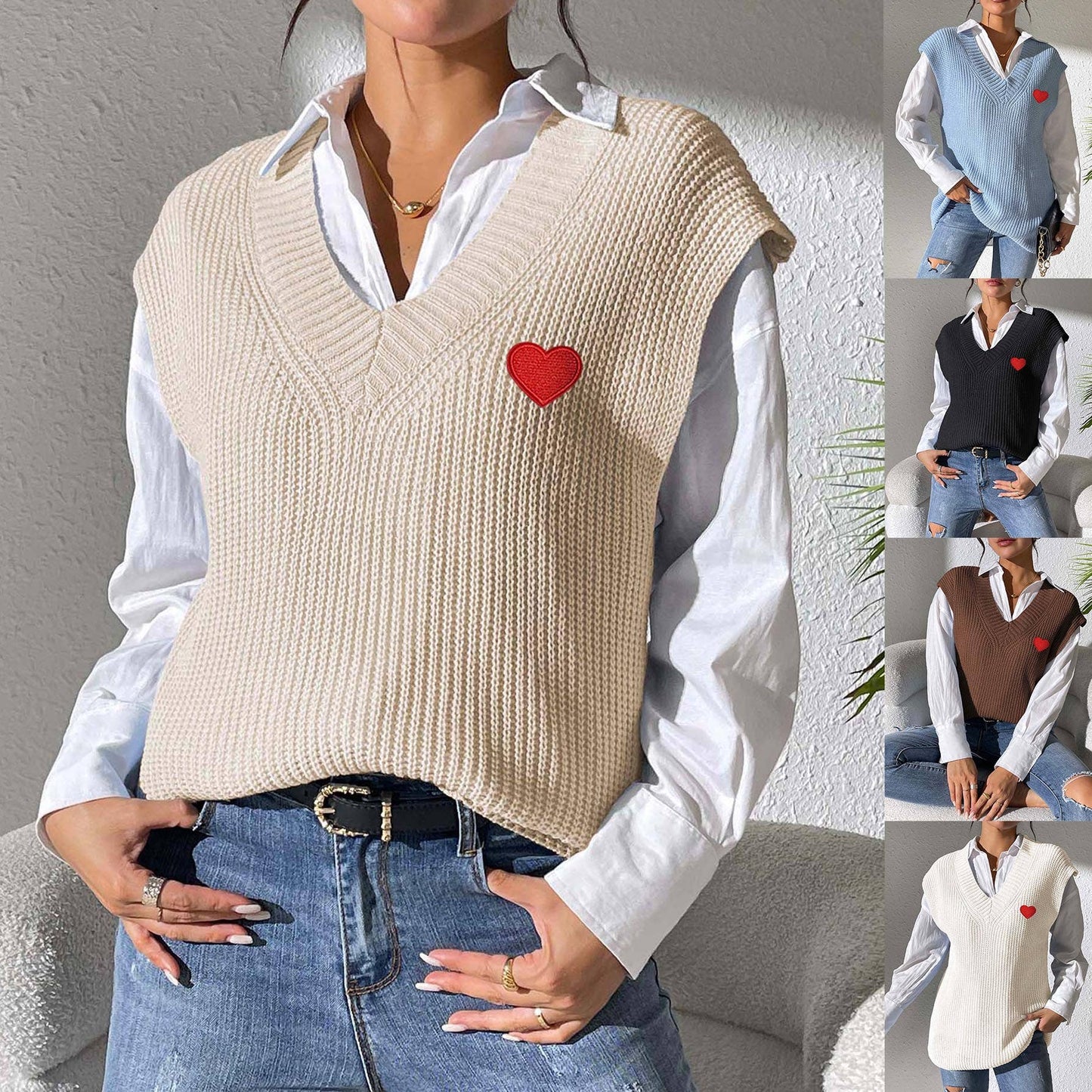 Embroidered love painting V-neck simple vest