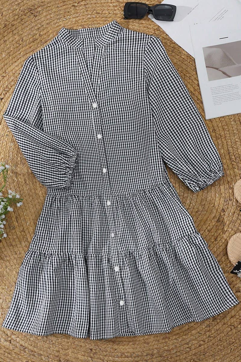 CWDSD8006_SUMMER V-NECK LOOSE PLAID DRESS