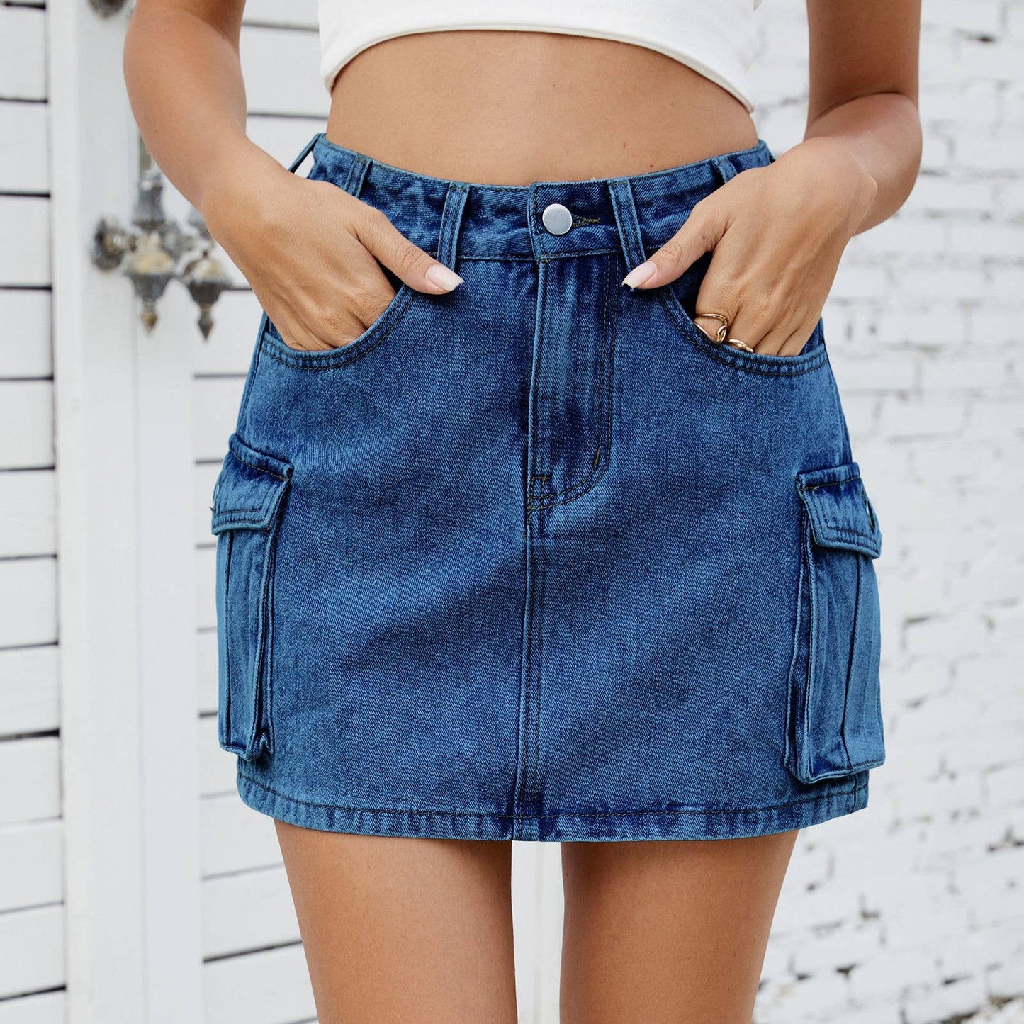 Washed American vintage denim cargo pocket skirt